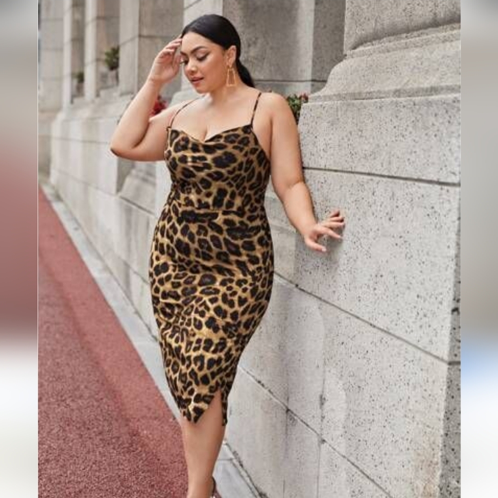 SHEIN Curve Women's Leopard Striped Spaghetti Strap Stretch Mini Dress Size 0XL